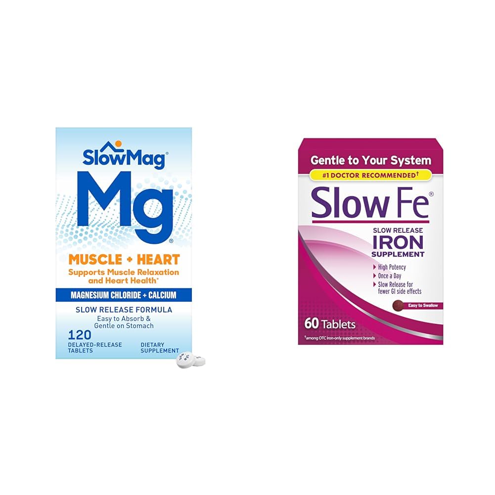 SlowMag Muscle Heart Magnesium Chloride Calcium 120 Tellen & Slow Fe 45mg IJzertekort Supplement 60 Tellen