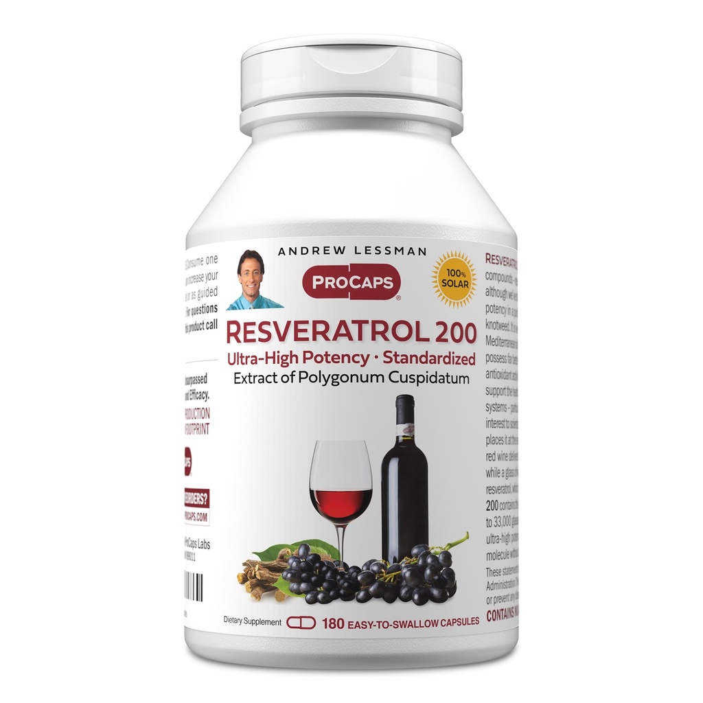 ANDREW LESSMAN Resveratrol-200mg - 180 Capsules - Red Wine's Beneficial, Uiteraard Occuring Anti-oxidant, Zonder Alcohol. Additieven vrij