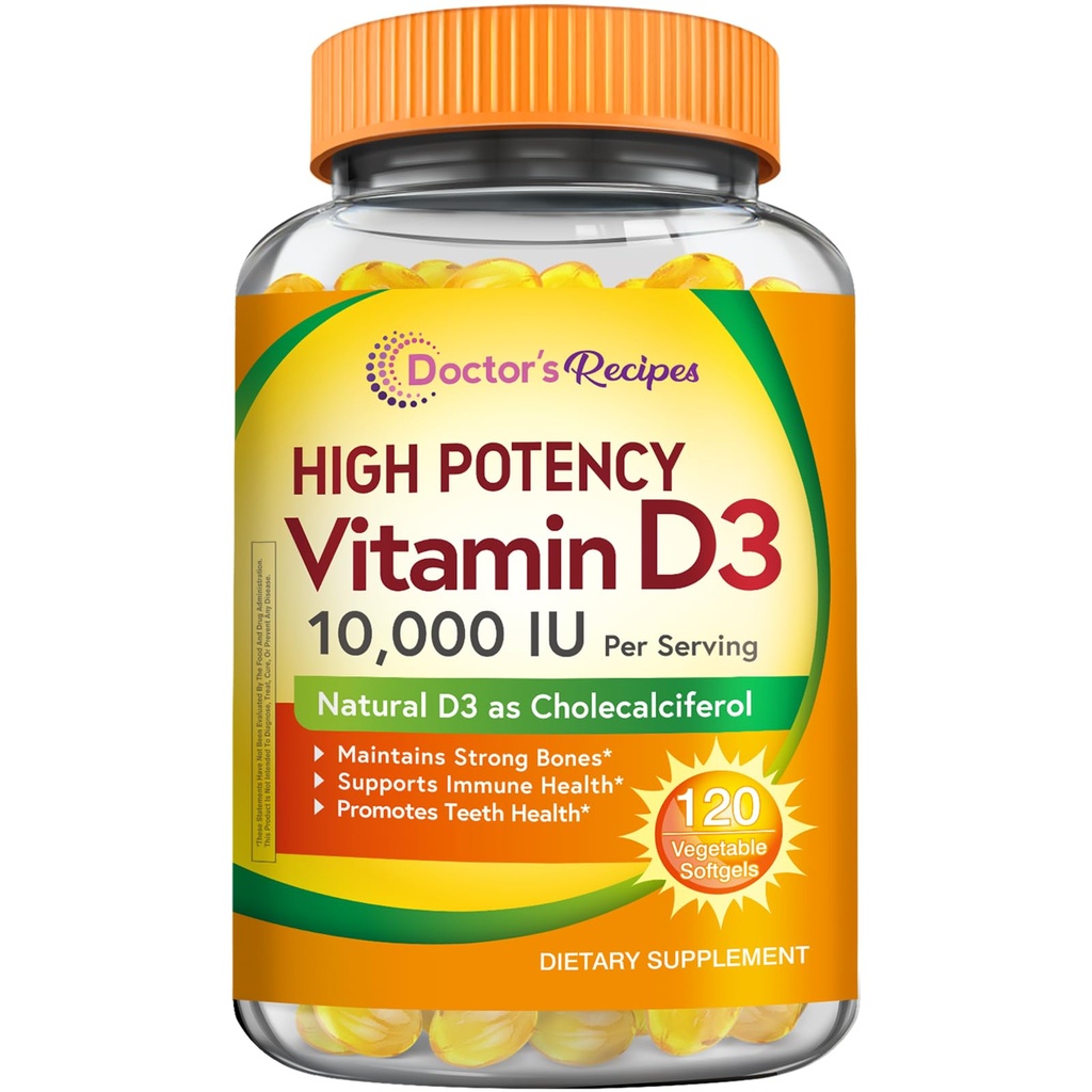 Recepten voor artsen Vitamine D3 10000 IE, Bones, Tanden en Immuun Support, Non-GMO, No Gelatine, Gluten of soja, 120 Vegetarische Softgels