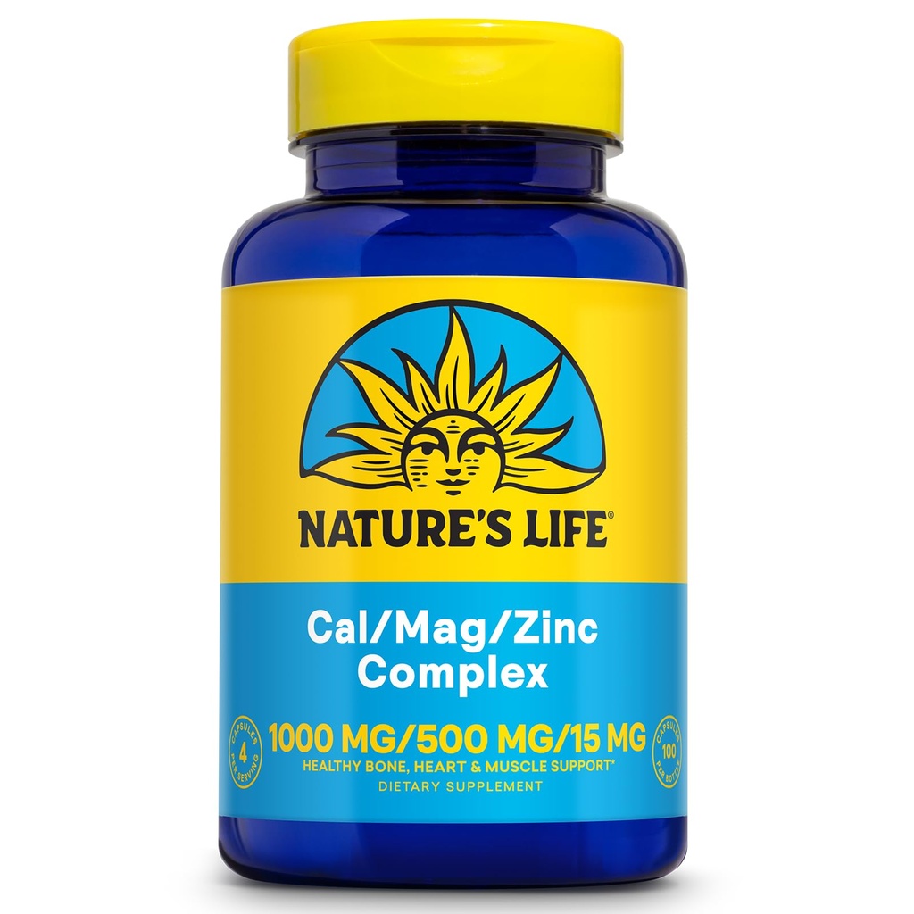 NATURE'S LIFE Cal Mag Zink Complex 1000mg / 500mg / 15mg - Calcium Magnesium Zink Supplement w/Vitamine D en Boron - Bone Health, Muscle and Heart Health Support, 60 Day Garantie, 25 Serv, 100 Caps