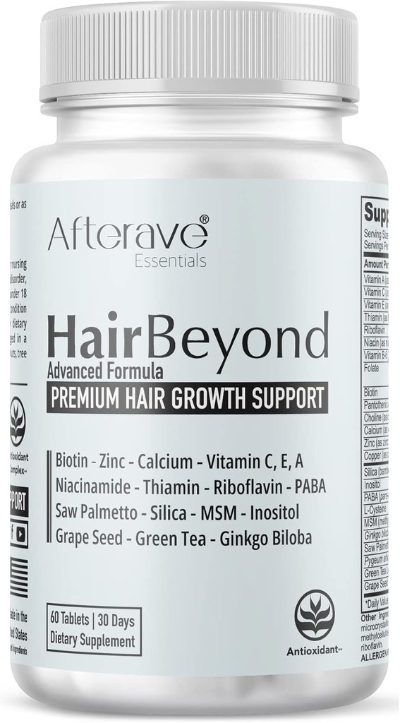 HairBeyond Advanced Hair Growth Formula Verbetert follikel & scalp sterkte voor sterkere groei, haarverlies bescherming, vitamine A, C, E, B Complex Saw Palmetto Silica Zink Calcium Niacin Thiamin Biotine