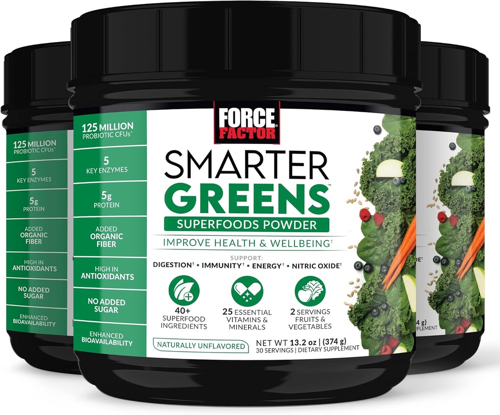 FORCE FACTOR Slimmere Groenen Superfoods Poeder, 3-pack, Ondersteunt spijsvertering en opgeblazen, Immuniteit, en Energie, Groenen Poeder met Probiotica, Digestieve Enzymen, Antioxidanten en Vezel, 90 Servers
