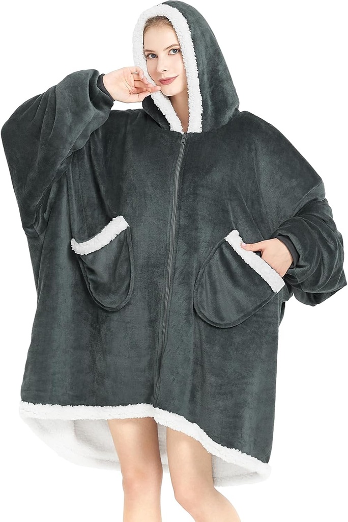 Topcee Oversized Draagbare Deken Sherpa Fleece Deken Hoodie Comfortabel Zachte Warm Dikke Big Hooded Sweatshirt - Gezellige en Fuzzy Deken met Giant Pocket - Donker Grey