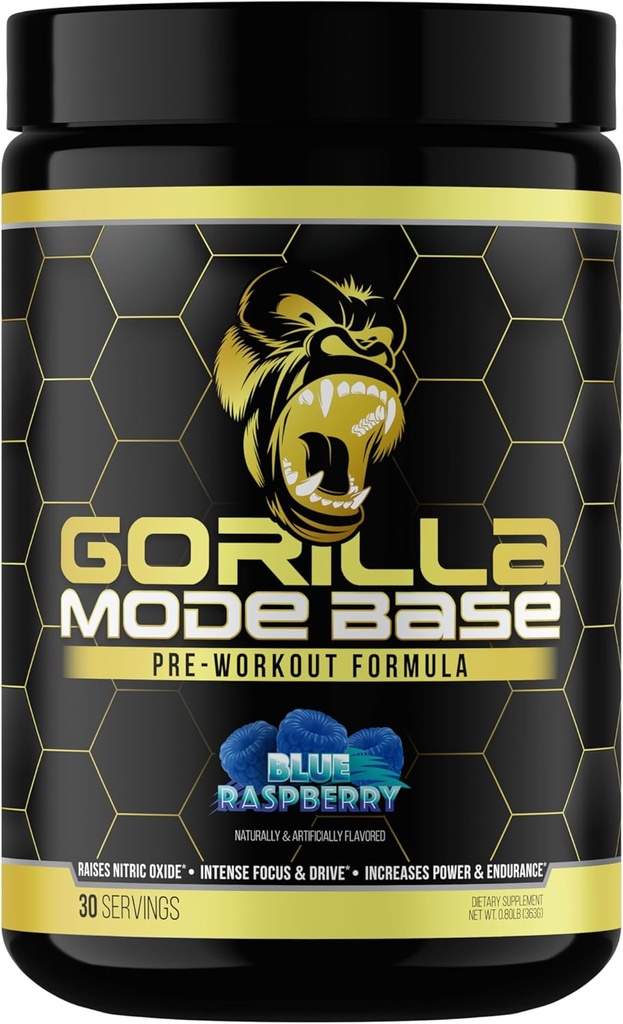 Gorilla Mind Base Pre workout - Verhoogt Nitric Oxide Intense Focus & Drive Endurance Power - L-Citrulline, L-tyrosine, Betaine, Alpha-GPC, Cafeïne, Huperzine A - 360 Gram (Blauwe Raspberry)