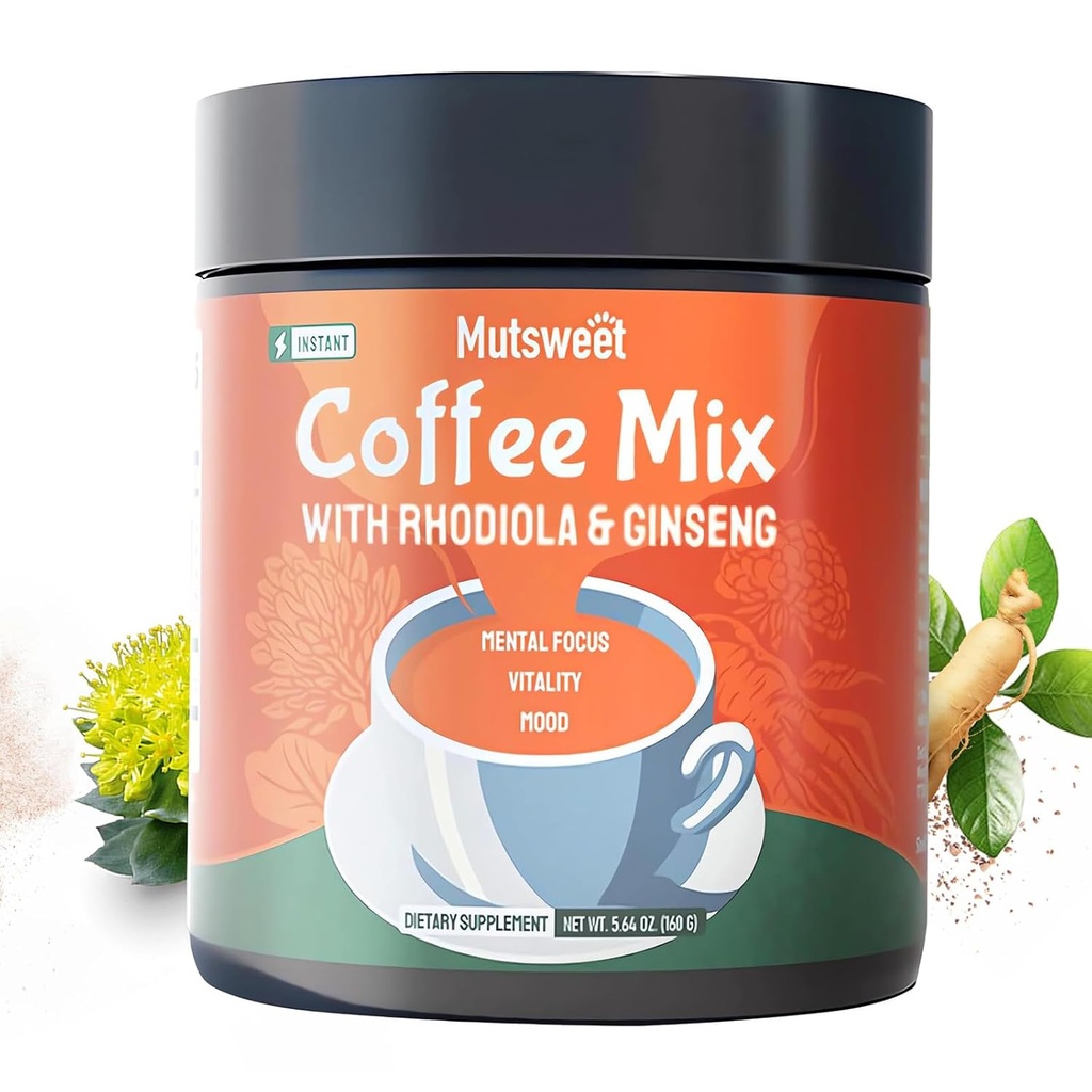 Mutsweet Rhodiola Rosea Instant Coffee Mix met Ginseng Supplement, 40 porties, Koffie alternatief poeder, Ginseng Extract, Ground Coffee Ondersteuning Energie, Mood, Stress, Uithoudingsvermogen