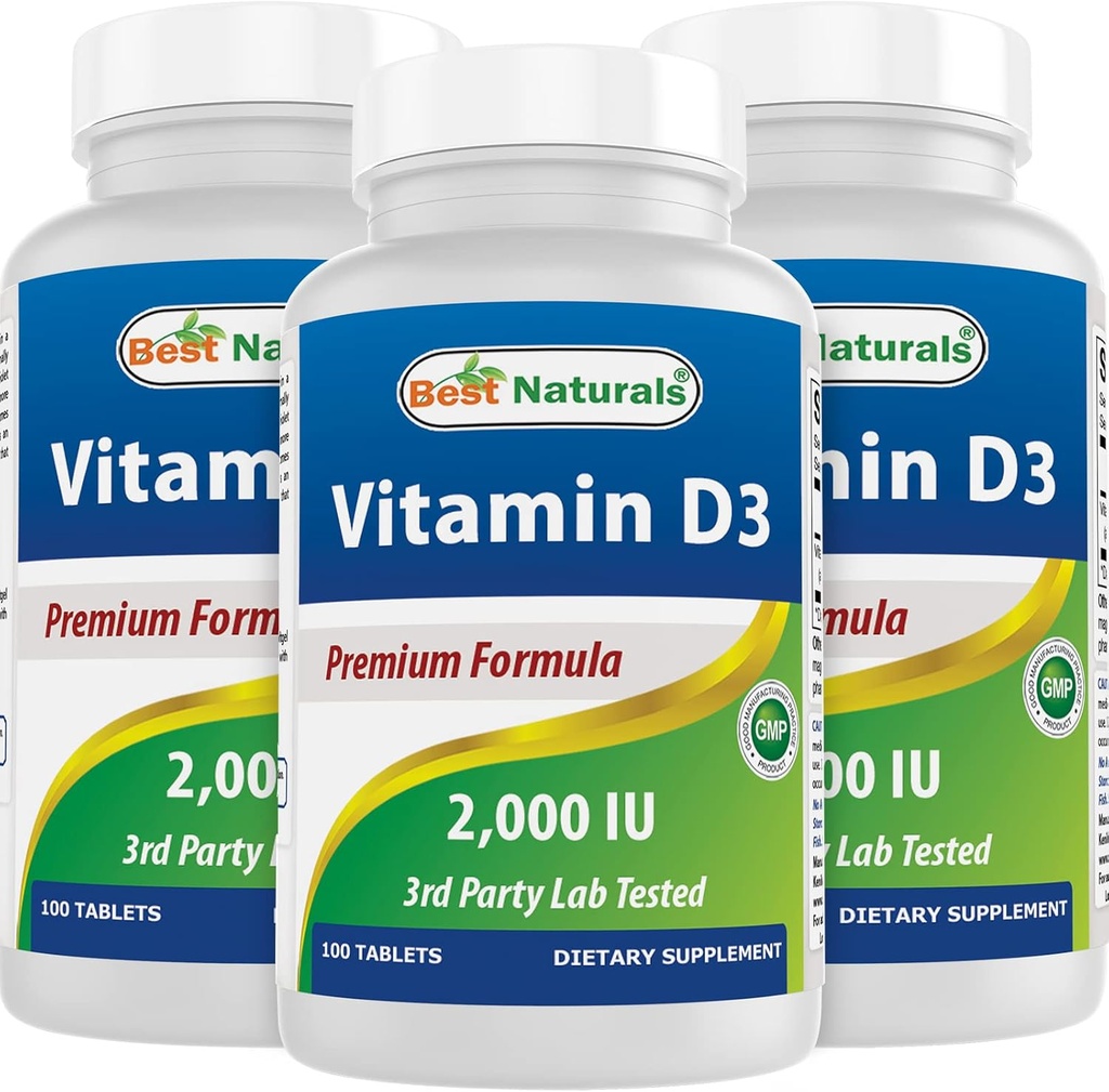 Best Naturals Vitamin D3 2000 IE (50 mcg) - 100 tabletten - 100 dagen levering - Helpt ondersteuning Immuungezondheid, sterke botten en tanden, & spierfunctie (100 tellen (pakket van 3))