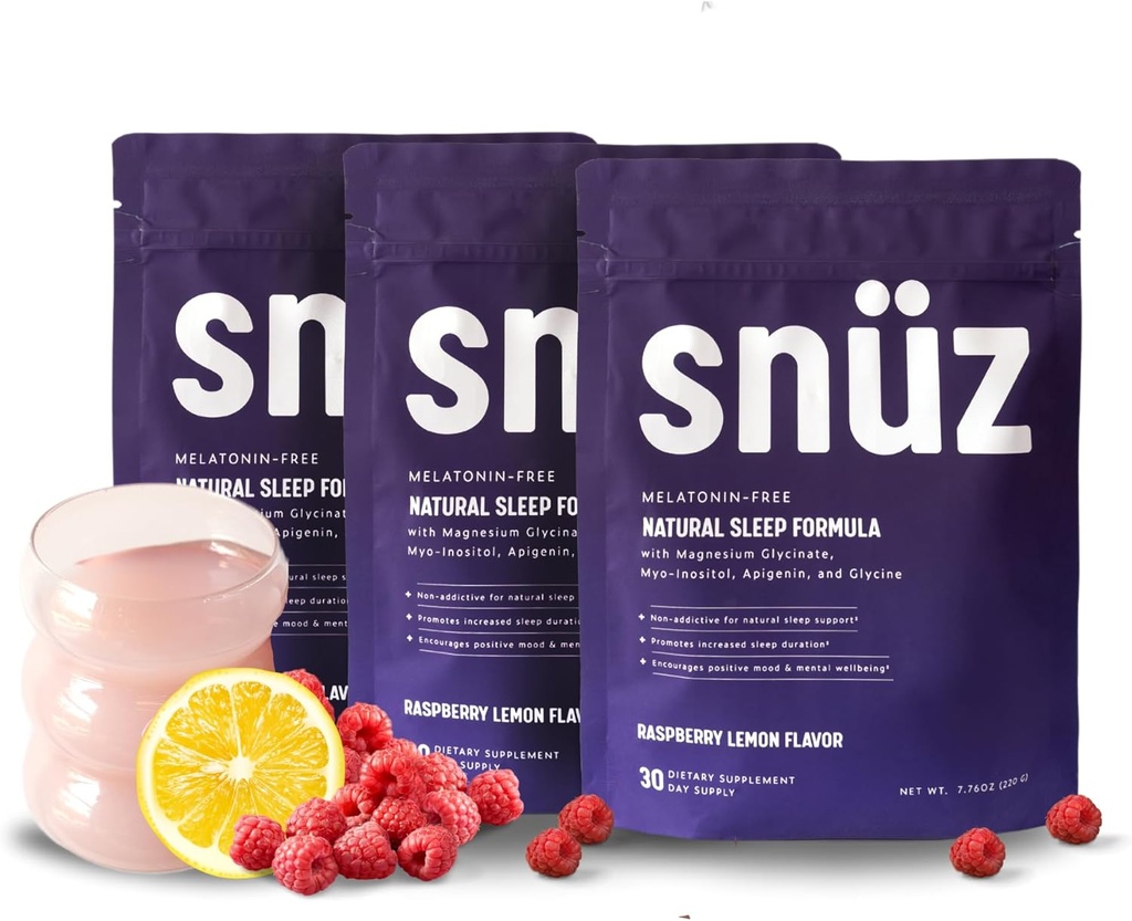 snüz Natural Sleep Support Supplement met Magnesium Glycinate, Myo-Inositol, Apigenine & Glycine, Melatonine Gratis, Slaaphulp voor volwassenen, Niet GGO, Glutenvrij, Veganistisch, Raspberry Citroen Smaak, 90 Svgs