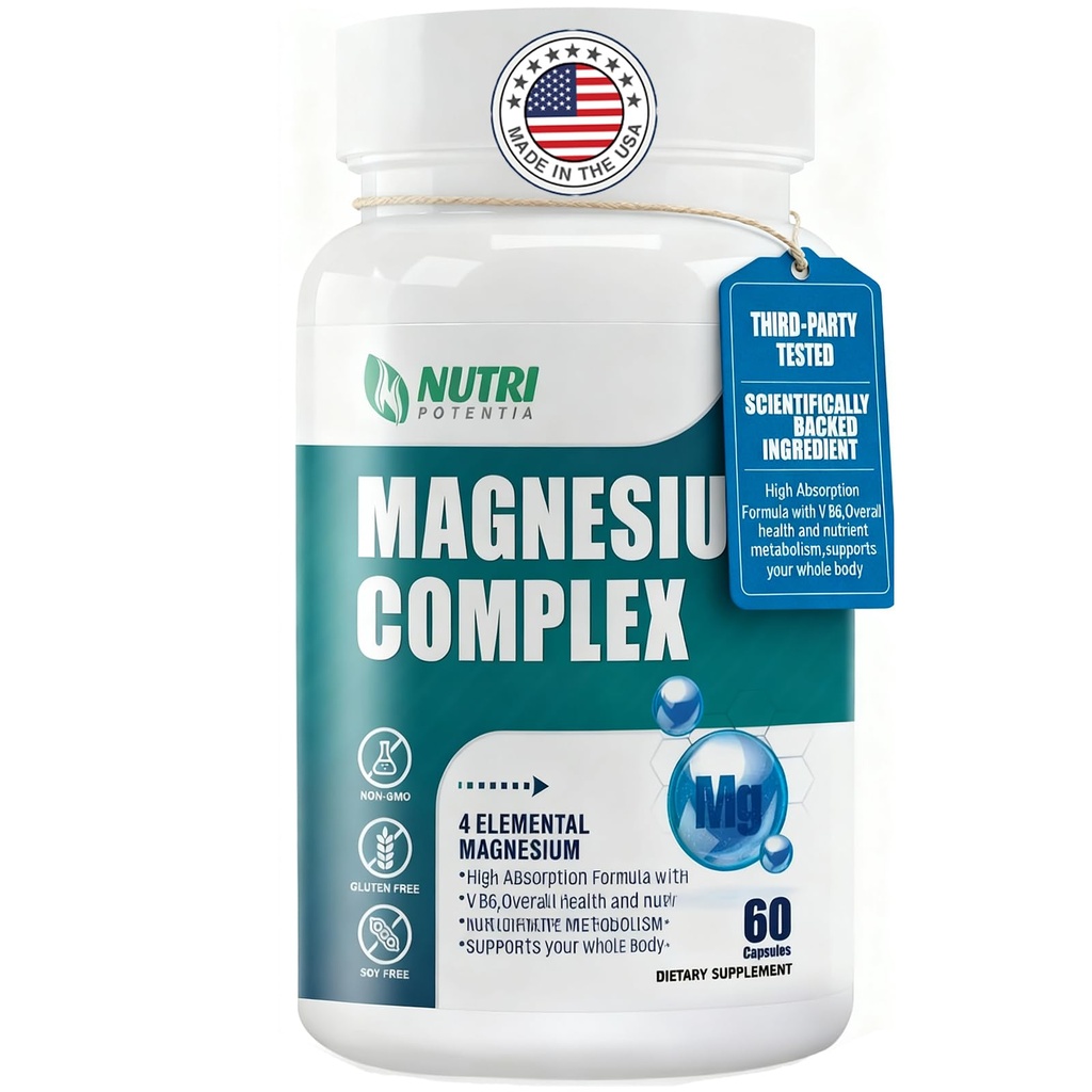 Magnesium Complex Supplement 500 mg- Magnesium Mineral Supplements, Magnesium Glycinate, Citrate, Malate, Taurate met B6 - Bot, hart, spier en zenuwstelsel Ondersteuning - 60 capsules
