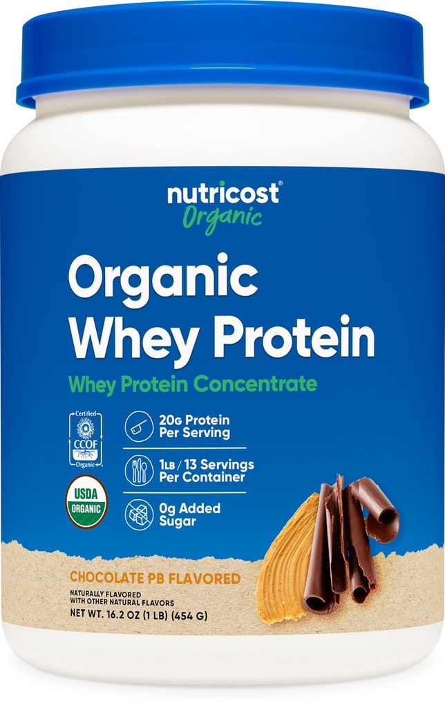 Nutricost Biologische Wei Proteïne Concentraat, Chocolade Pinda Boter Smaak, (1LB) - Glutenvrij, Niet-GMO
