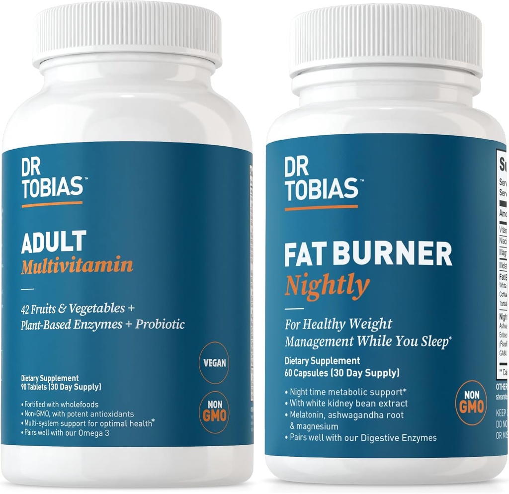 Dr. Tobias Fat Burner Nightly & Adult Multivitamin Supports Energy, Immunity & Metabolism with Ashwagandha. 42 Fruits & Vegetables with Probiotics, Green Coffee Bean Extract, Non-GMO, 30 Day Supply