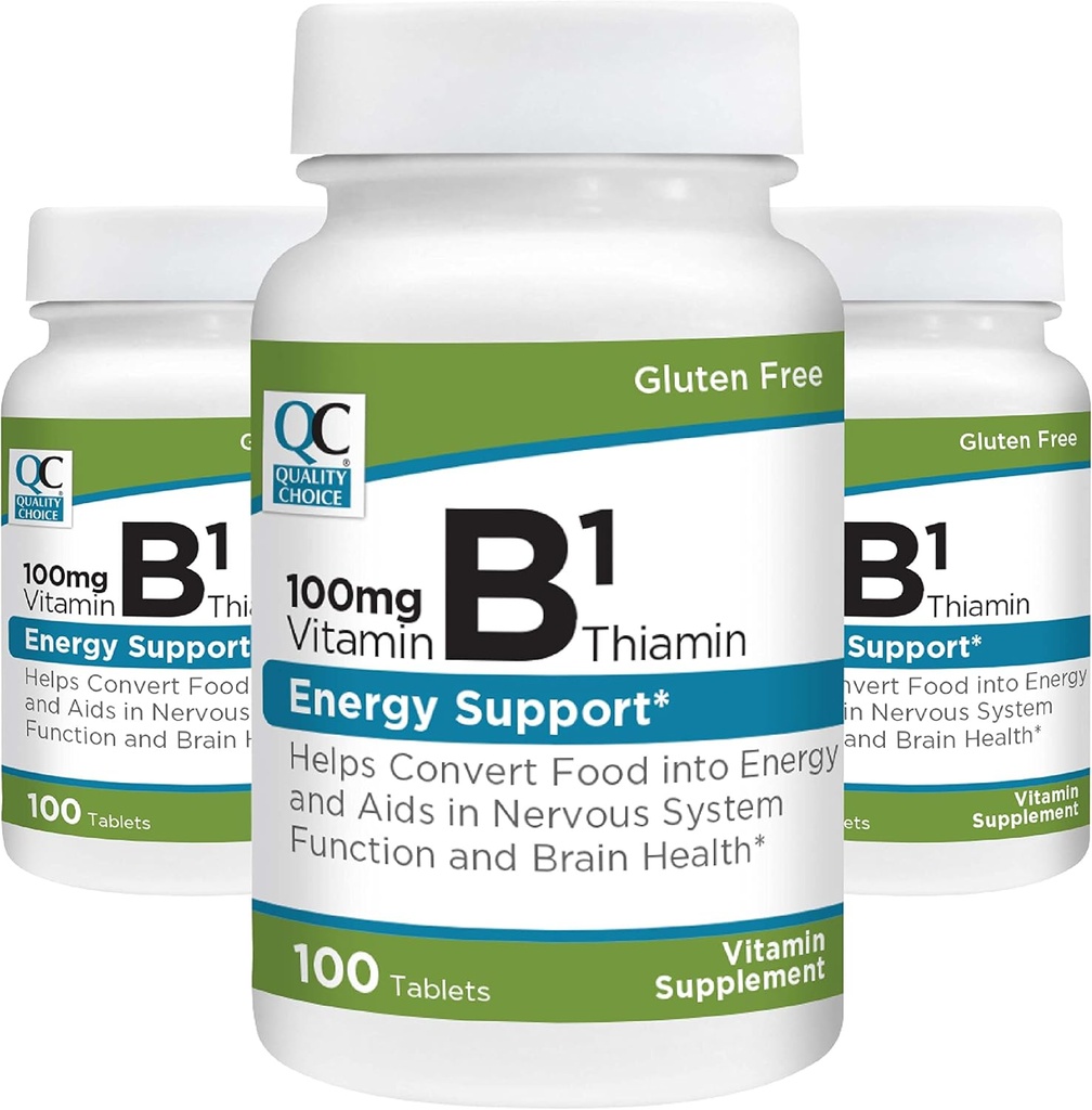 Quality Choice Vitamine B1 Thiamin 100 mg Energy Support, Zenuwstelselfunctie, & Brain Health Vitamine Supplement Tablets, 100 Telflessen (3 Pack)