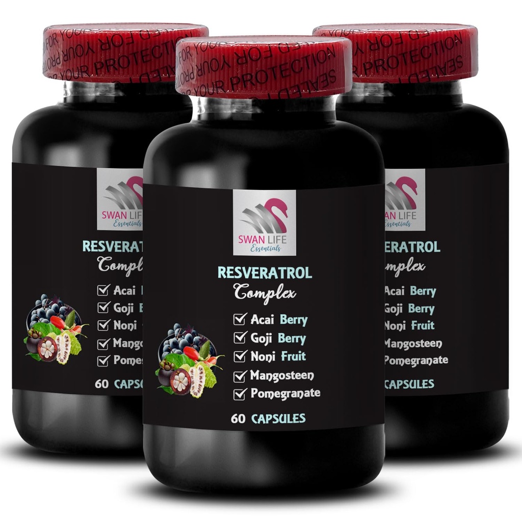 Bessenvoordelen - RESVERATROL COMLEX - Dagelijkse antioxidanten, Acai Berry Strength, Vlierbes Boost, Grape Skin Boost, Granaatappel energie, Goji Berry Power, Hydration Factor 3 Flessen 180 Capsules