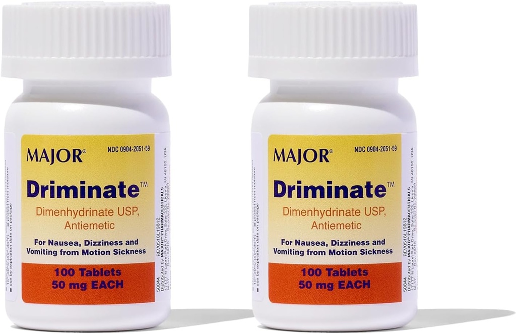 MAJOR Driminaat - Dimenhydrinaat 50mg Motion Disease Tablets - Anti-Musea Medicine - 100 Tablets (2 Pack)
