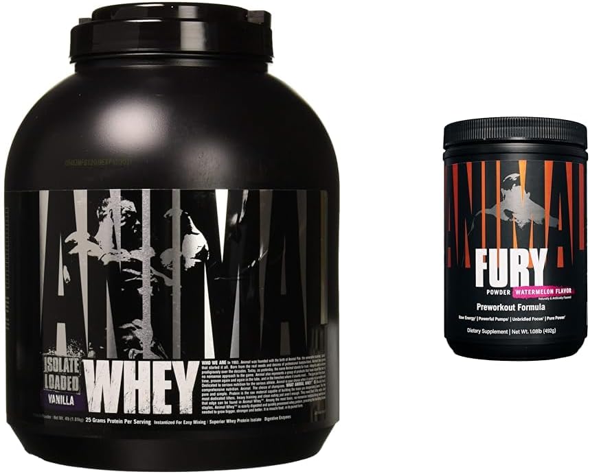 Animal Wei Isolate Wei Proteïnepoeder Isolate Geladen voor Post Workout en Herstel & Fury Pre Workout Powder Supplement voor Energie en Focus 5g BCAA 350mg Cafeïne Nitrik Oxide