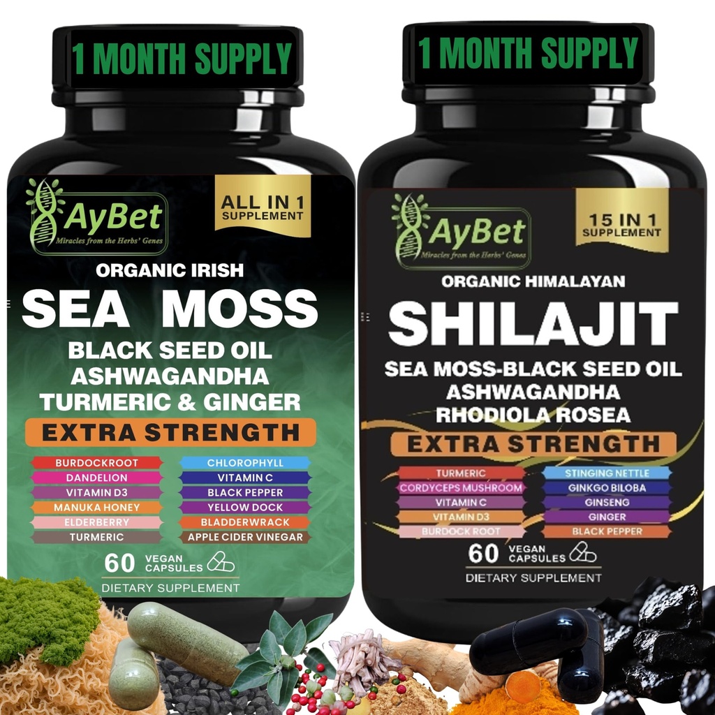 Sea Moss & Himalayan Shilajit Supplement Combo–Herbal Formula with Black Seed Oil, Ashwagandha, Rhodiola, Turmeric, Ginger – Mineral, Antioxidant Support–Organic, Halal, Vegan Capsules–120 Count