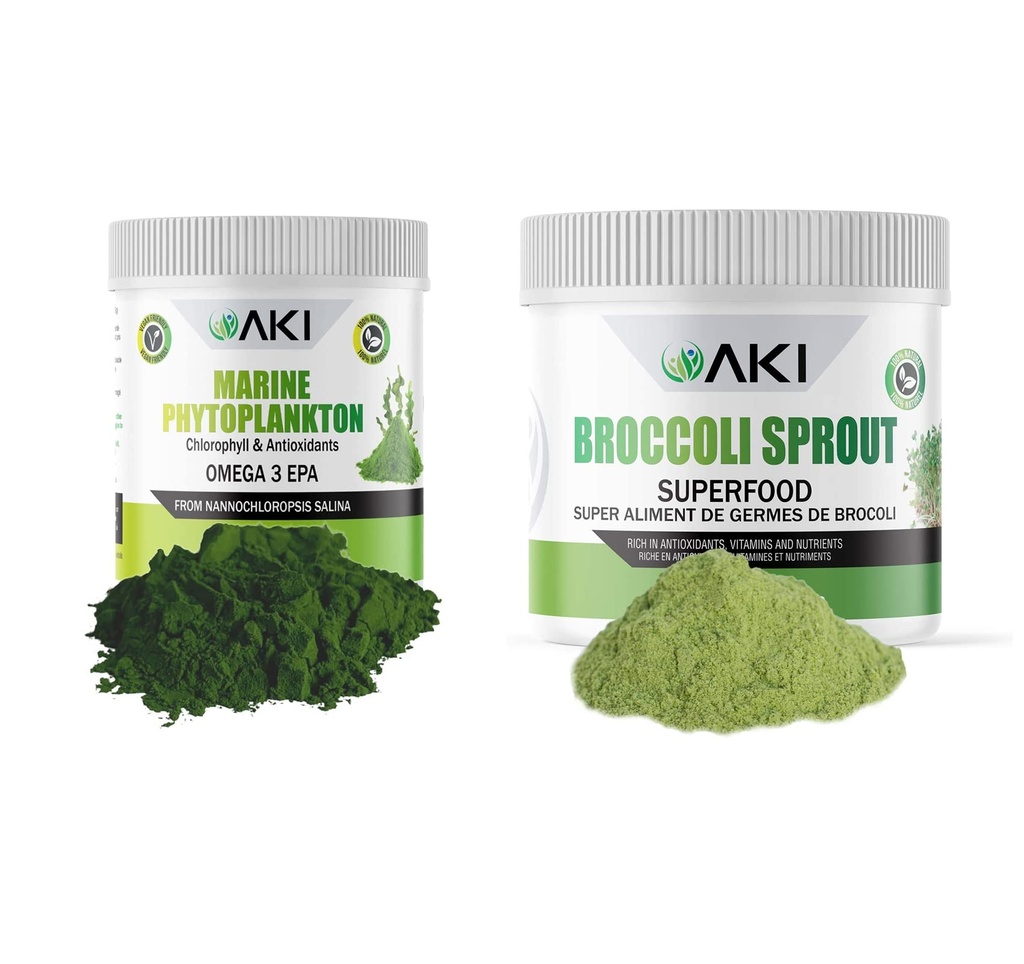 AKI Broccoli Sprout Powder (5.29oz / 150g) en Marine Phytoplankton Powder (2 Oz / 57G) - Plant Based Proteins & Ideal in Vitaminen 
