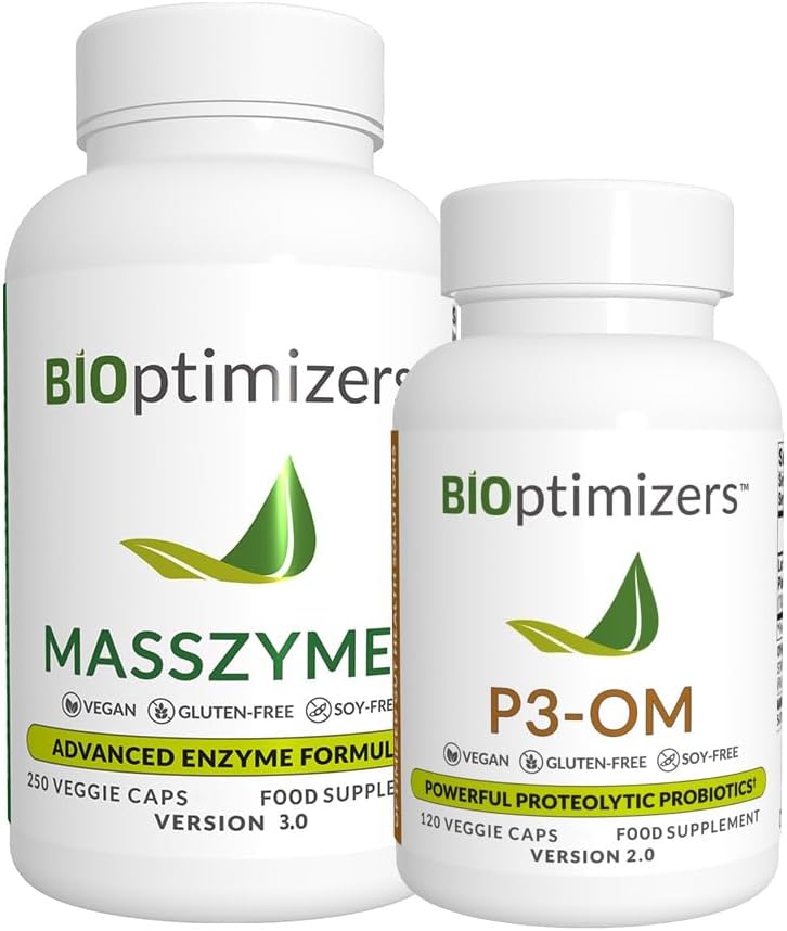 BiOptimizers - P3-OM en MassZymes Bundle - Premium Digestieve Enzymen en Probiotica voor vrouwen en mannen - Doctor-Formulated (250 MassZymes Capsules, 120 P3-OM Capsules)