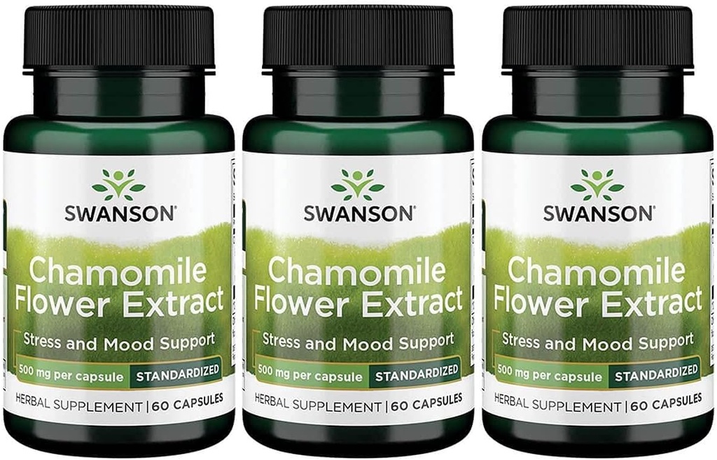 Swanson Kamille Bloem Extract 500 Milligrammen Gestandaardiseerd tot 1,2% Apigenin 6 mg per capsule 60 Capsules 3 Verpakking