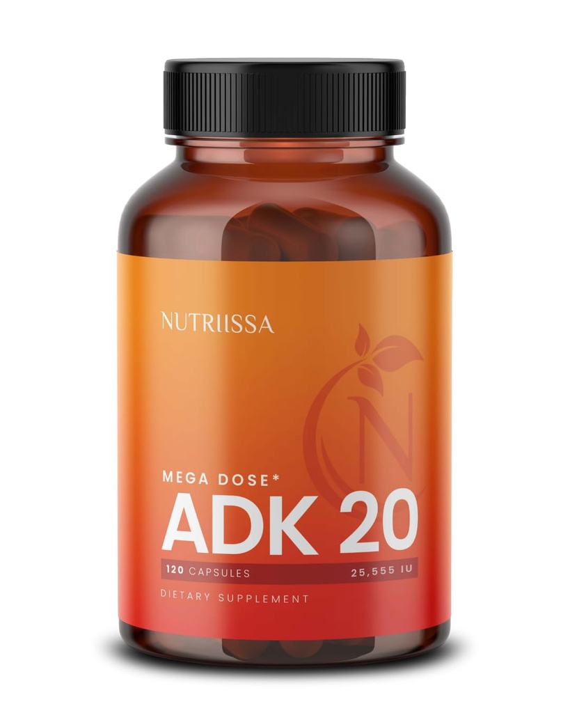 Nutriissa ADK 20 - Immune & Bone Health Support with Vitamins A, D & K (25.000 IE) - 4-maands levering - EPEB gecertificeerd voor zuiverheid & potentie - 120 Vegan Capsules