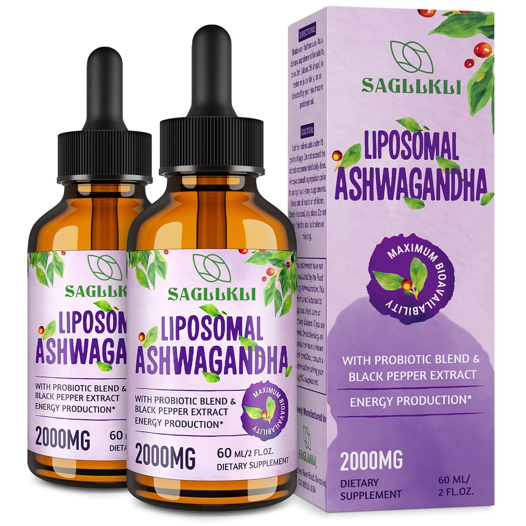Liposomale Ashwagandha Liquid Drops 2000mg, Ashwagandha Root Extract Supplement (7% Withanolides) met Black Pepper Extract & Probiotica for Focus, Cognition & Energy - 4 FL.OZ (2 fles)