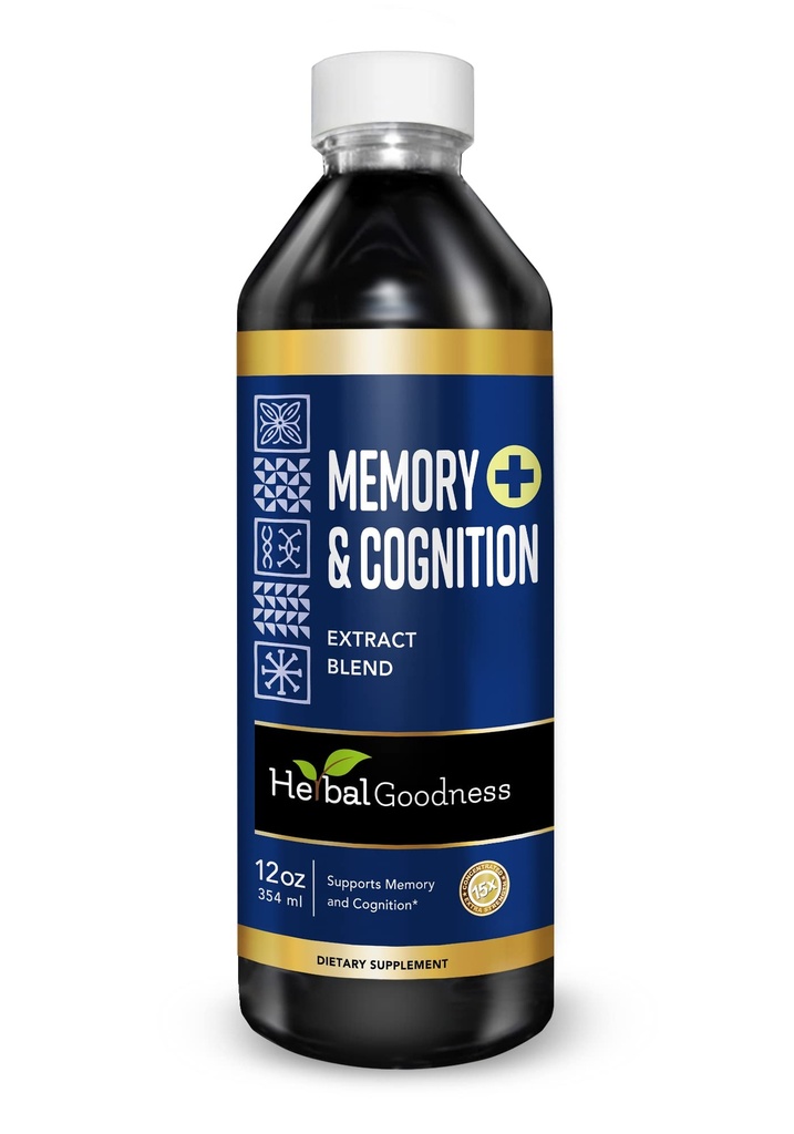 Herbal Goodness Memory and Cognition Liquid Extract 12oz - Ondersteunt geestelijke helderheid, energie en immuunfunctie - Organisch natuurlijk supplement met Ginkgo, salie en leeuwen mane - 23 porties