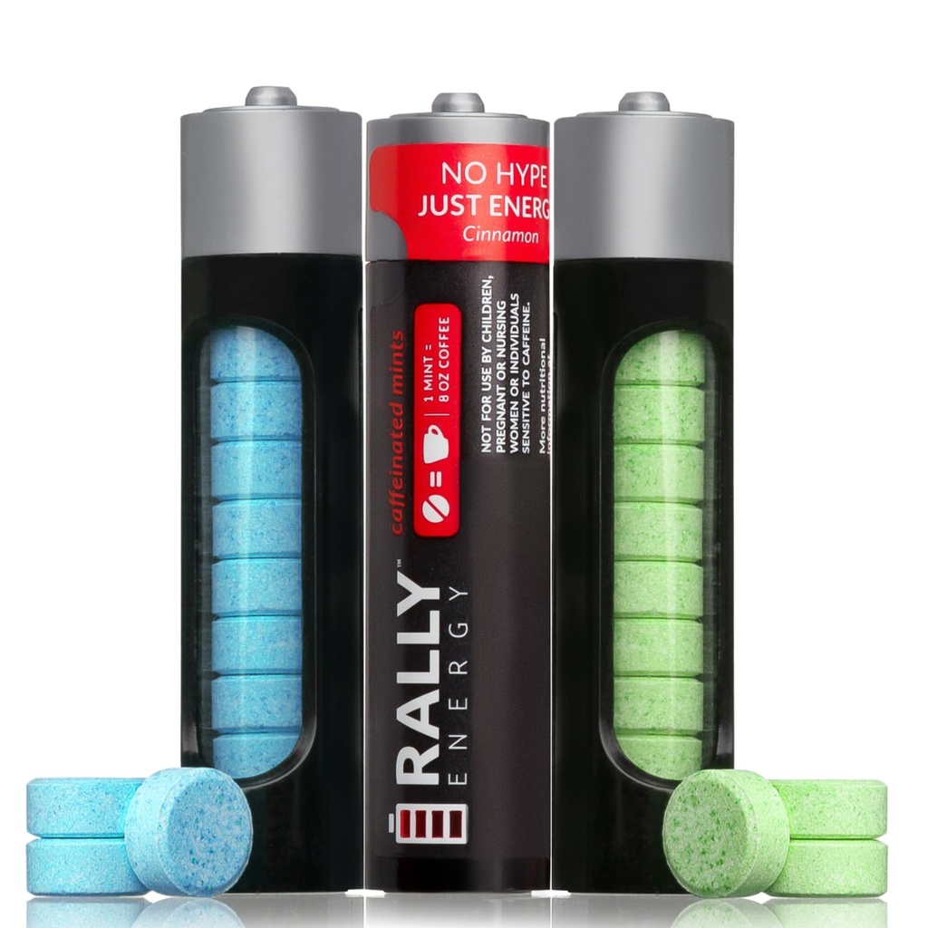Rally Caffeine Mints, 60 Milligram, Instant Energy, Frisse adem, Caffeinated, 0 Suiker, natuurlijke pepermunt, kaneel, Wintergreen Variety Pack (3 Packs, 30 Mints)