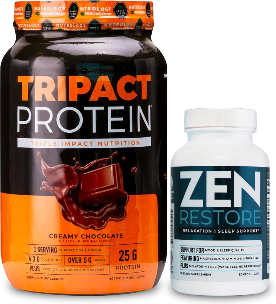 Nutrologie TRIPACT Proteïnepoeder, 7-in-1 Maaltijd Vervangingsshake, Romige Chocolade (40 porties) Zen Natural Magnesium Supplement (30 porties)