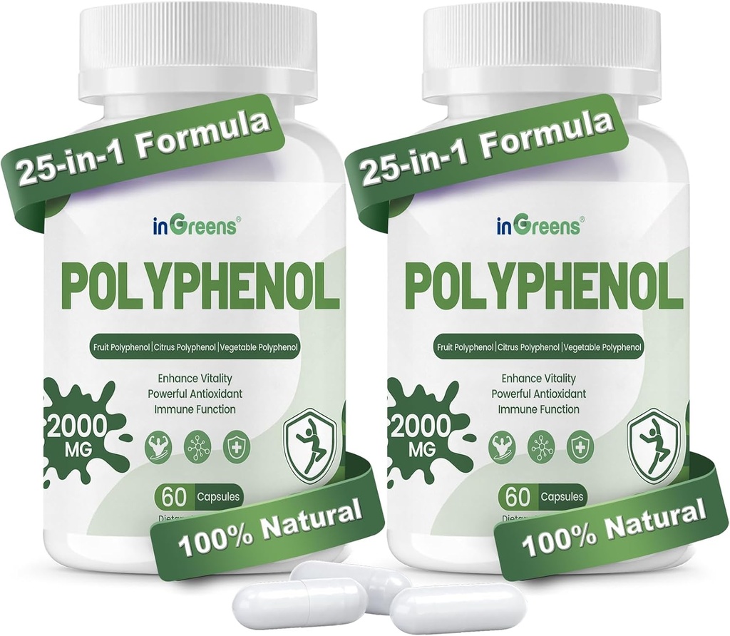 25-in-1 Polyfenolen Supplement, 2000MG Krachtige Antioxidanten & Polyfenol voor Leeftijdsverdediging, Polyfenol Superfood, Quercetin, Resveratrol, Plant-Based & Energy, Immune Support, 120 Capsules