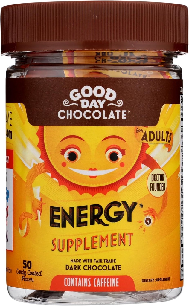 Good Day Chocolate Energy Supplements for Adults [50 Count] Fair Trade Cafeïne Chocolate with B-Vitamins, Green Tea Extracts and 20 mg Cafeine Per Piece - Energy Booster for Women and Men