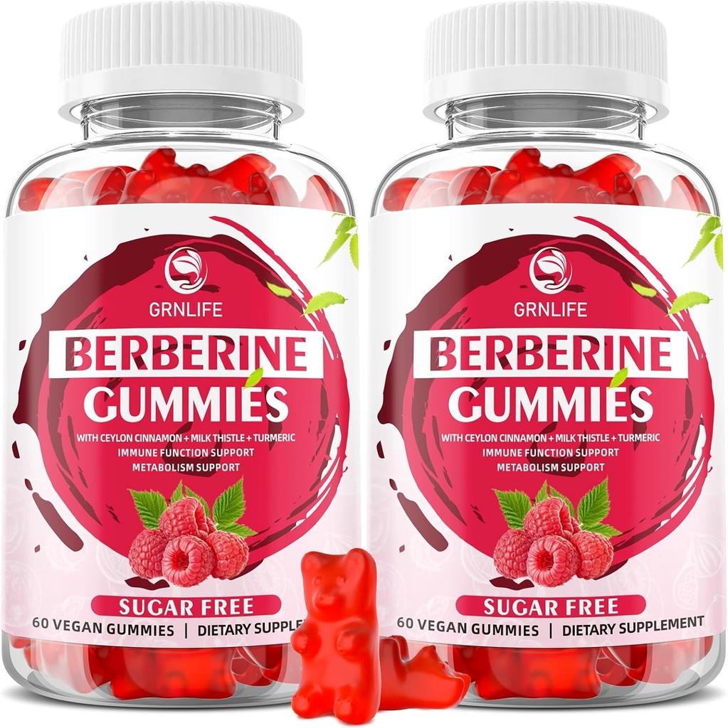 Berberine Gummies met Ceylon Cinnamon 1500mg Hoge Potentie Berberine HCL Supplement voor Immune en Metabolisme Ondersteuning, Suikervrij, Raspberry Flavor - 120 Tellen