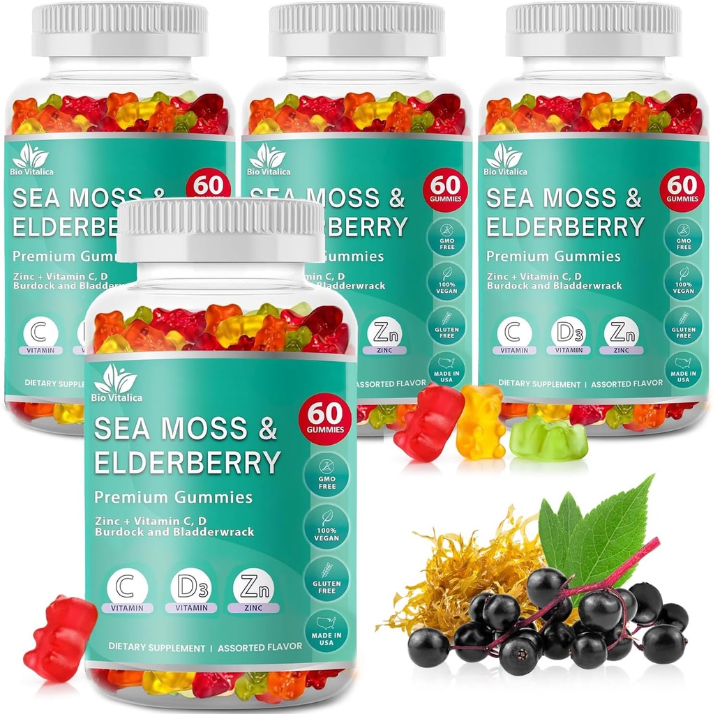 BIO VITALICA Sea Moss Gummies Elderberry BioVitalica - Vitamine C D + Zink - Irish Seamoss Vegan Gummy with Sea Moss Gel & Powder for Immunity, Detox - for Adults and Kids (4packs)
