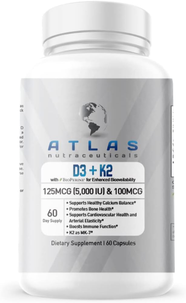 Atlas Nutraceuticals-Vitamine D3+K2-vitamine D3 5000IU Plus K2, 2 in 1 Formule, MK7 Vitamine K2, 60 Capsules, Immune Vitamine Complex