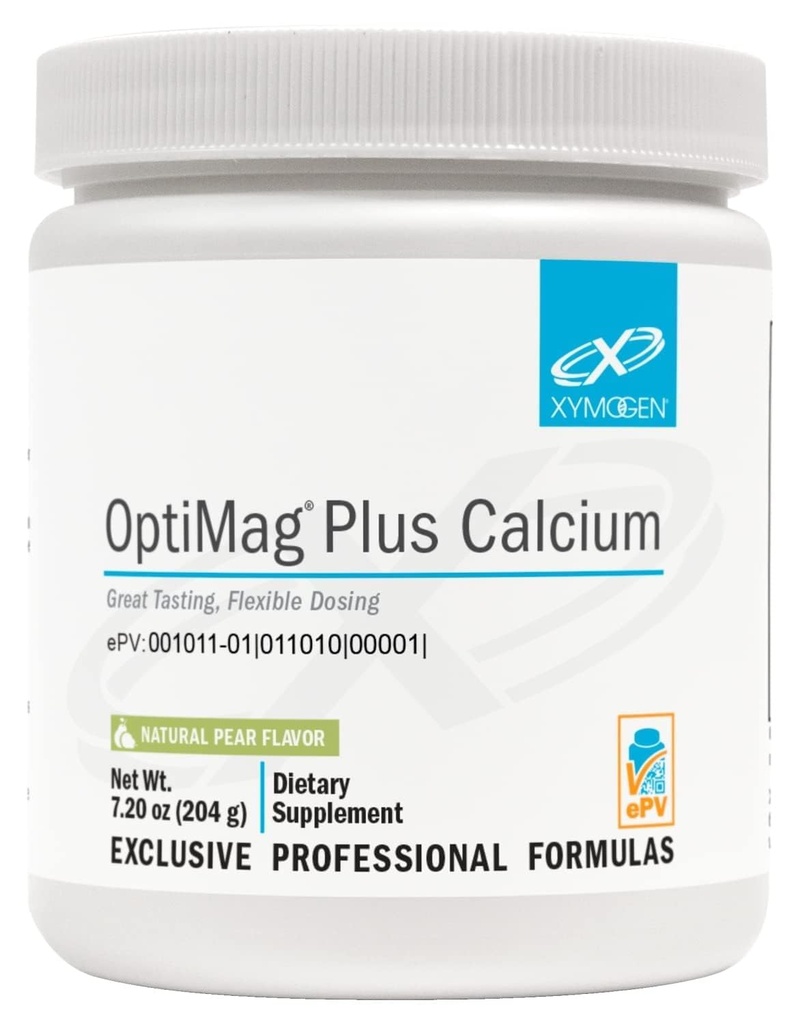 XYMOGEN OptiMag Plus Calcium - Geweldig Proef Magnesium Poeder met Calcium ter ondersteuning van Kalm gedrag, gezonde Mood, gezonde bot + spierfunctie - Pear Flavor, met Magnesium Malate (7.2 oz)