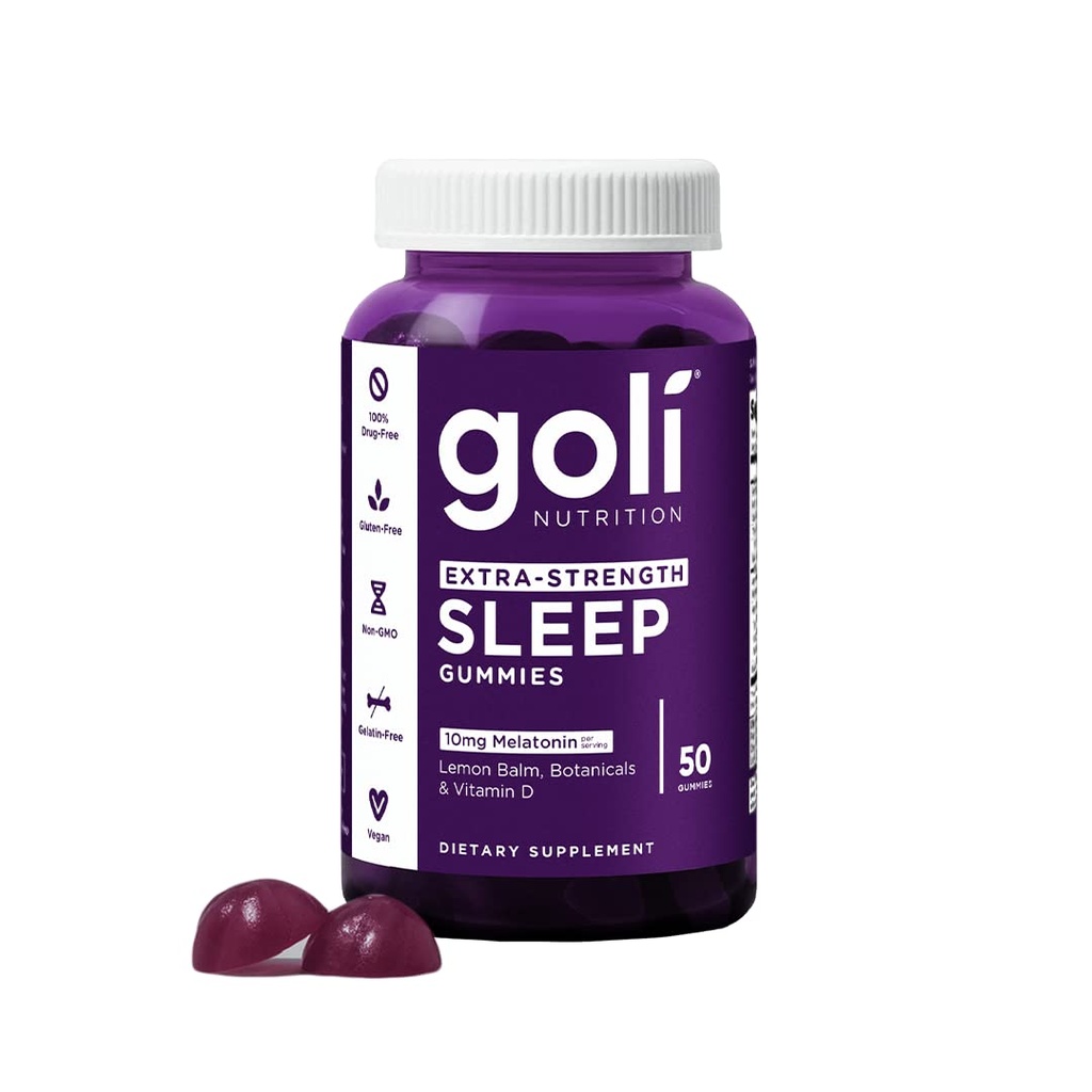 Goli Voedingssupplement, Extra sterkte Slaapgom 10mg Melatonine - 1 Pack 50 Telling - Glutenvrij, Veganistisch, Non-GMO en Gelatinevrij