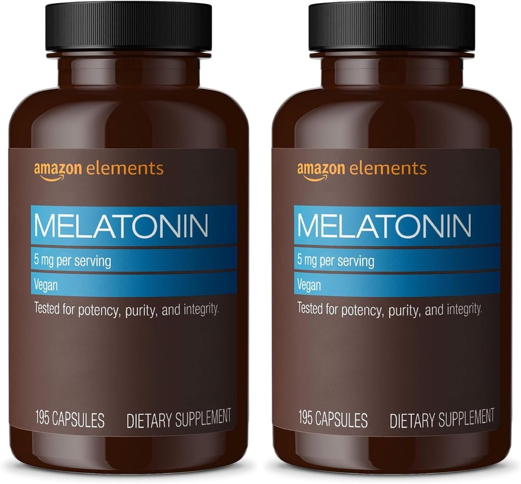 Elementen - Melatonine 5mg Capsules, Helpt met af en toe slapeloosheid, Vegan, Unflavored, 195 Telling (pakket van 2, 6 maanden levering (verpakking mei Vary)