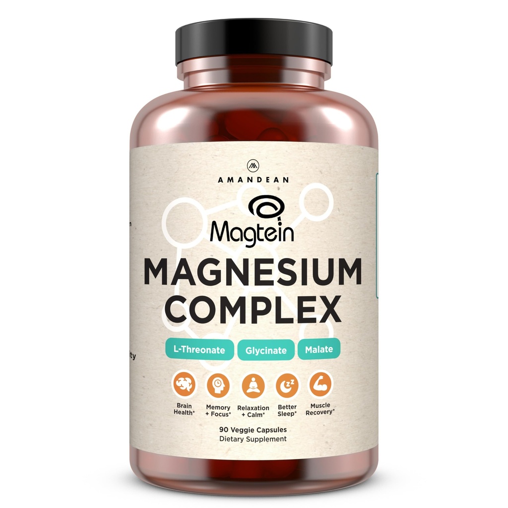 AMANDEAN Magtein Magnesium Complex. L-Threonate, Glycinate, Malate Triple Blend Chelated Magnesium Supplement. 90 Veggie Capsules. Hoge absorptie Branded Ingredients. Brain Health, Sleep, Calm*.