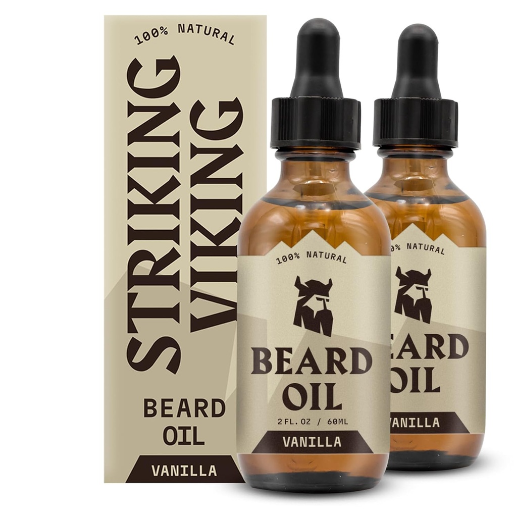 Striking Viking Beard Oil for Men - 2 Fl Oz, Pack of 2, Vanilla Scent - Naturally Derived Conditioner with Almond, Tea Tree, Argan & Jojoba Oil for Beard Growth, Softening & Moisturizing