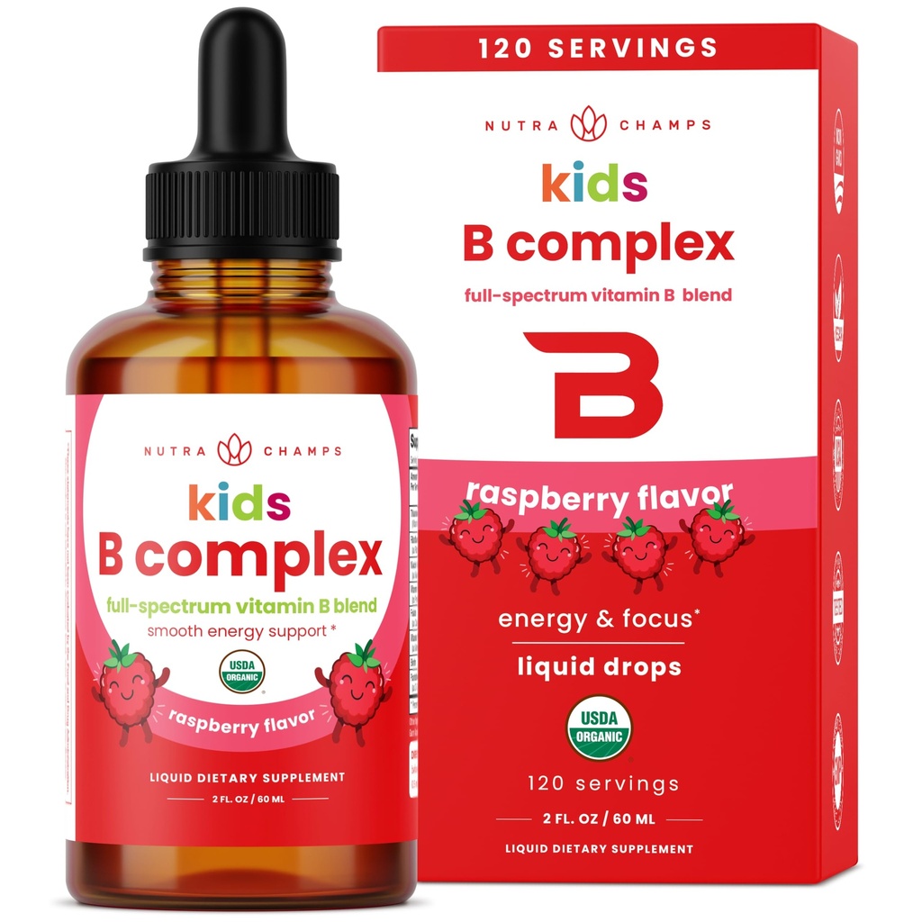 NutraChamps Vitamine B Complex for Kids, B1, B2, B3, B6, B7, B9 & Methyl B12, Kids B Complex Liquid Drops Supplement, Energy, Focus, Metabolisme, Natural Berry, 120 Servings, 4 maand levering
