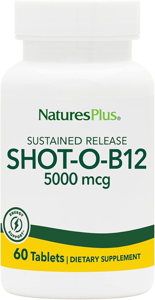 Natures Plus Shot-O-B12 (Methylcobalamin), Sustained Release - 5000 mcg, 60 Vegetarian Tablets - High Potency, Fast Acting B12 Supplement - Memory & Energy Booster - Gluten-Free - 60 Servings
