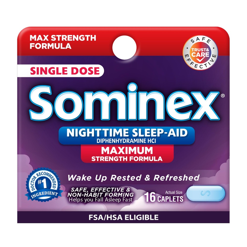 Sominex Nighttime Sleep-Aid Tablets, Maximale sterkte Formule, Enkele dosis, Diverse, 16 Tellen