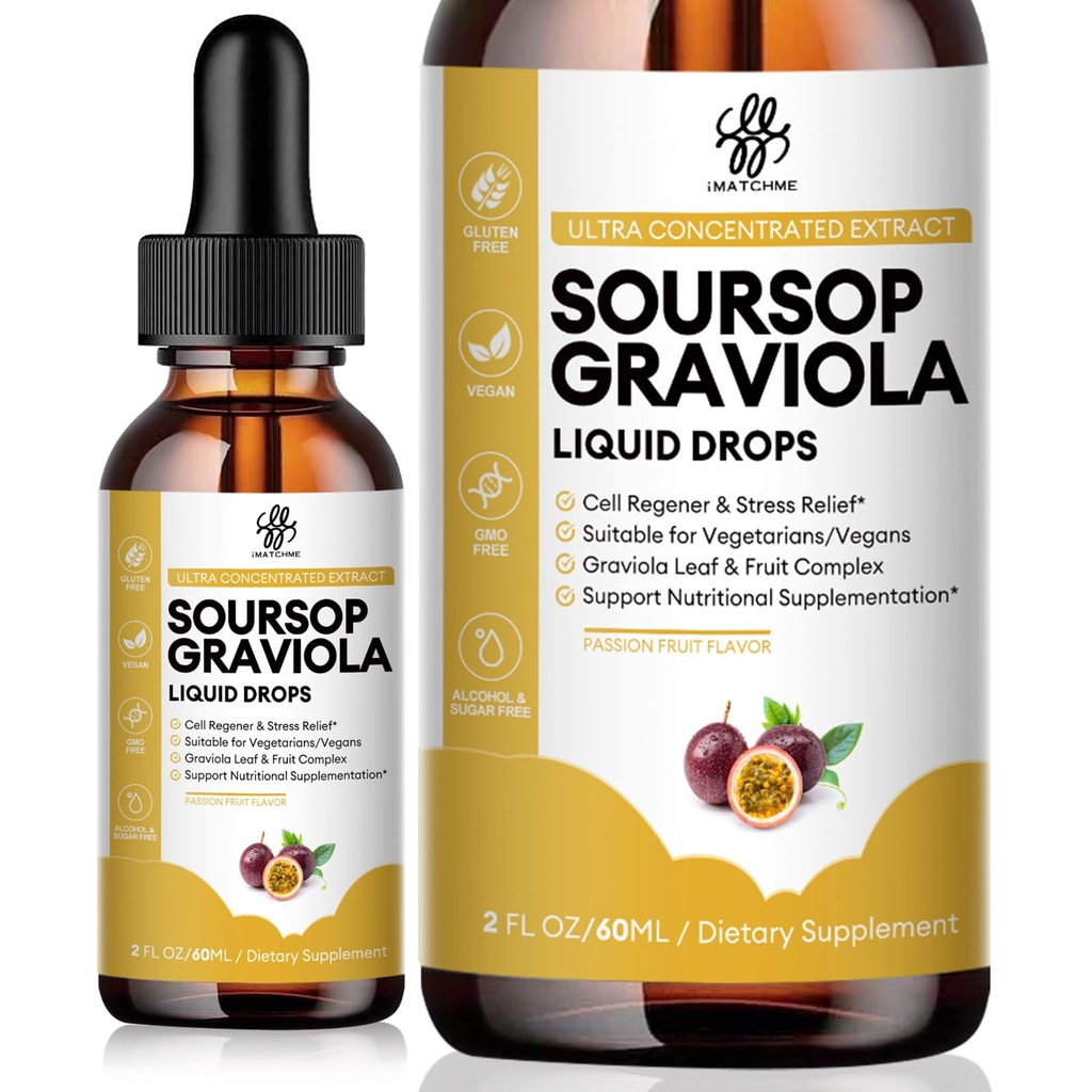 iMATCHME Premium Soursop Graviola voor spijsvertering, ondersteuning gezonde huid & Slaap, Soursop Extract Liquid Drop van Graviola Blad en Fruit, Suiker/Cafteïne/Gluten Gratis, Passie Fruit Smaak, 2 Fl Oz