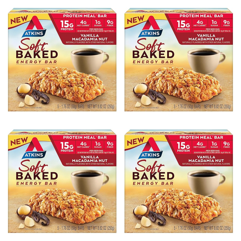 Atkins Vanilla Macadamia Nut Flavored Soft Baked Energy Bars, hoog in proteïne, lage suiker, hoge vezel snack, proteïne snack, 4 Packs (4 Bars Elke)