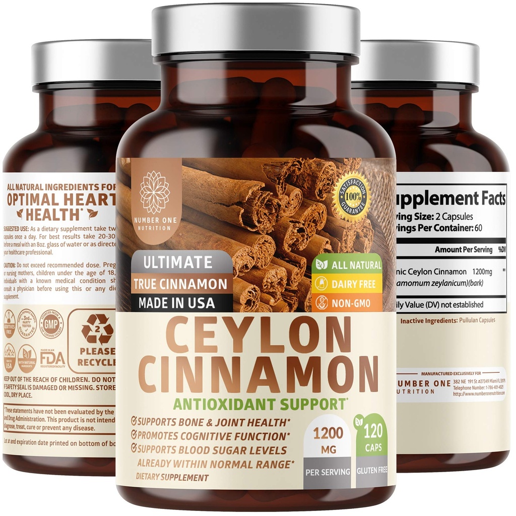 N1N Premium Ceylon Cinnamon 1200mg [100% Organic Ceylon Cinnamon] Natural Supplement to Support Healthy Circulatie, Brain and Joint Function,120 Caps