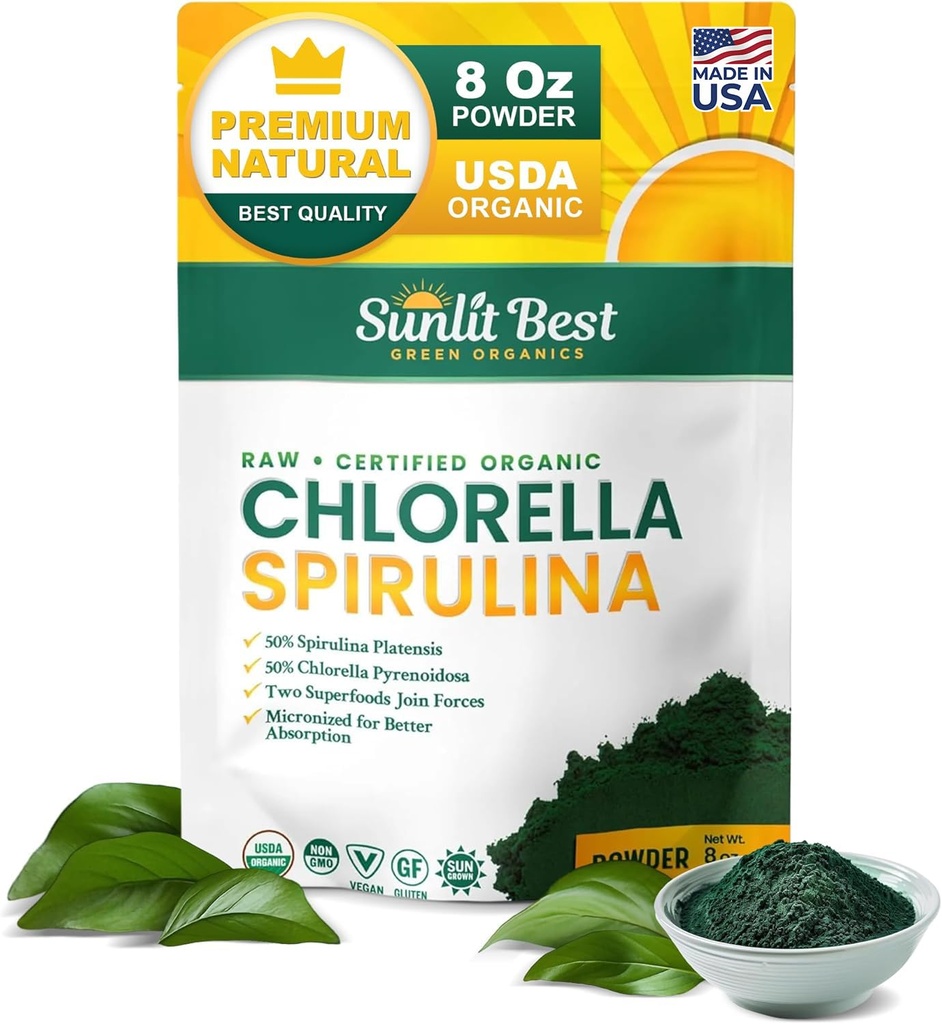 Sunlit Best USDA Organic Chlorella Spirulina Powder - 100% Raw & Vegan Source of Protein & Chlorofyl 
