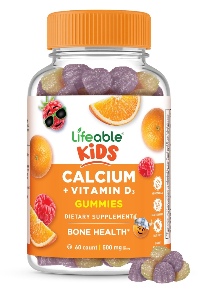 Levensvatbare Kids Calcium Gummies met vitamine D3 500 mg Calcium met vitamine D3 1000 IE Groot Proef Calcium Supplement voor Kids voor botgezondheid en tandgroei 60 Gummies