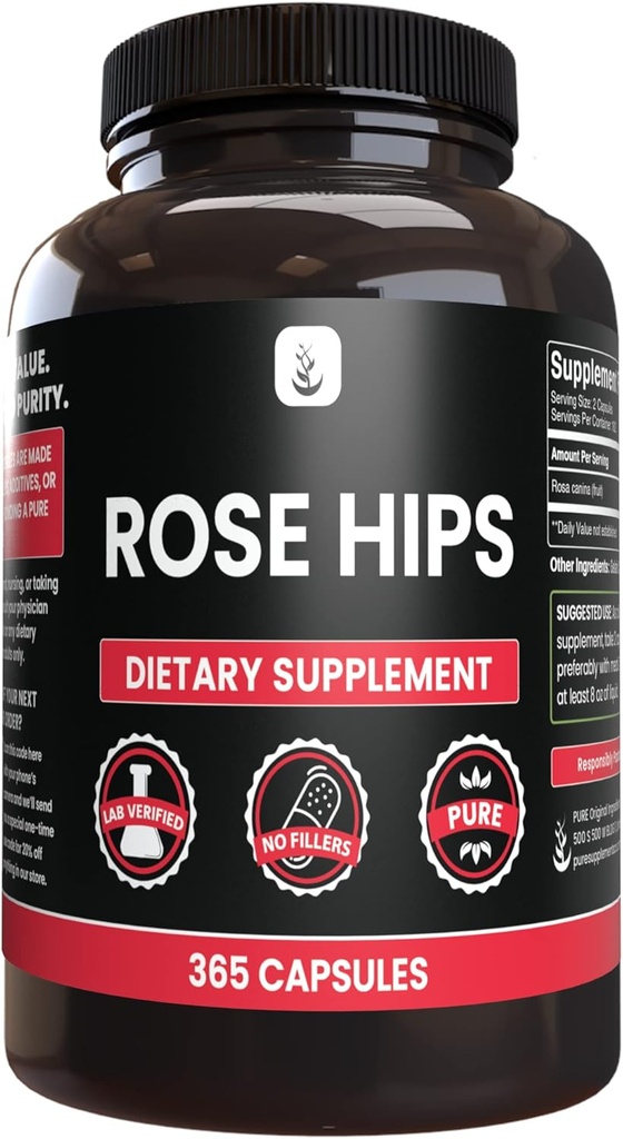 PURE ORIGINEEL INGREDIËNTEN Rozen HIPS (365 capsules) Geen Magnesium of rijstvullers, altijd zuiver, lab geverifieerd