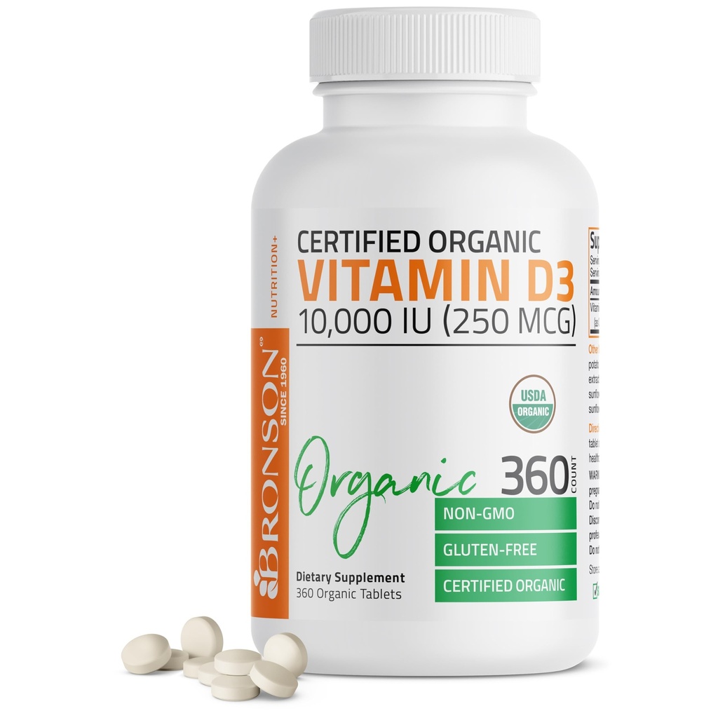Bronson Vitamine D3 10.000 IE (250 mcg) Gecertificeerde Organische Hoge Potentie Non-GMO Vitamine D Supplement, 360 tabletten