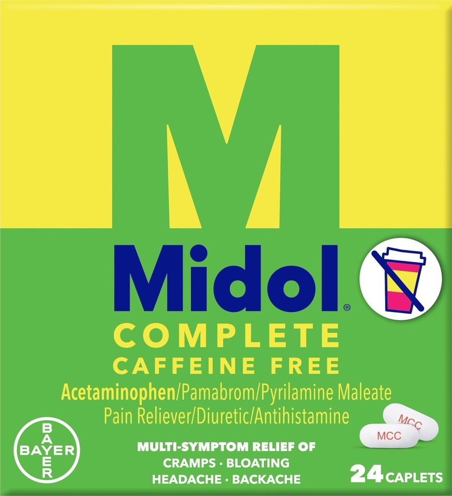 Midol Complete Cafeïne Gratis Capletten 24ct: Midol Complete Cafeïne Gratis Menstruele pijn Relief Capletten met Acetaminophen, Biedt Hoofdpijn Relief en Periode Krampen Relief, 24 Tellen