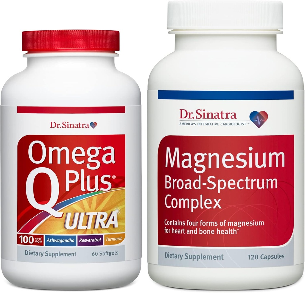 Dr. Sinatra Omega Q Plus Ultra met 100 mg CoQ10 en Stress-reducerende Ashwagandha Plus Magnesium Broad-Spectrum Complex Ultimate Heart Health Bundle Geavanceerde Cardiovasculaire Ondersteuning