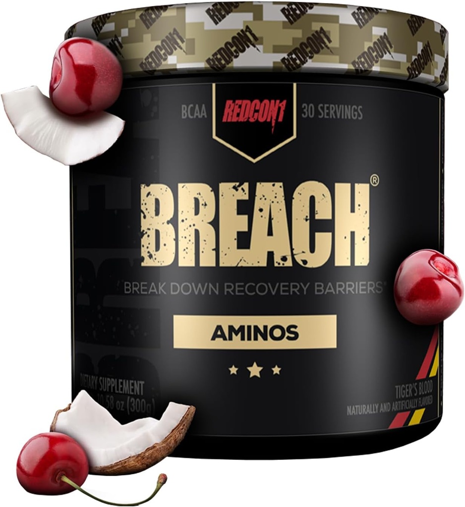 REDCON1 Breach BCAAs, Tiger's Blood - Keto Friendly + Sugar Free Essential Amino Acids for Recovery - Contains BCAAs L-Leucine, L-Isoleucine & L-Valine (30 Servings)